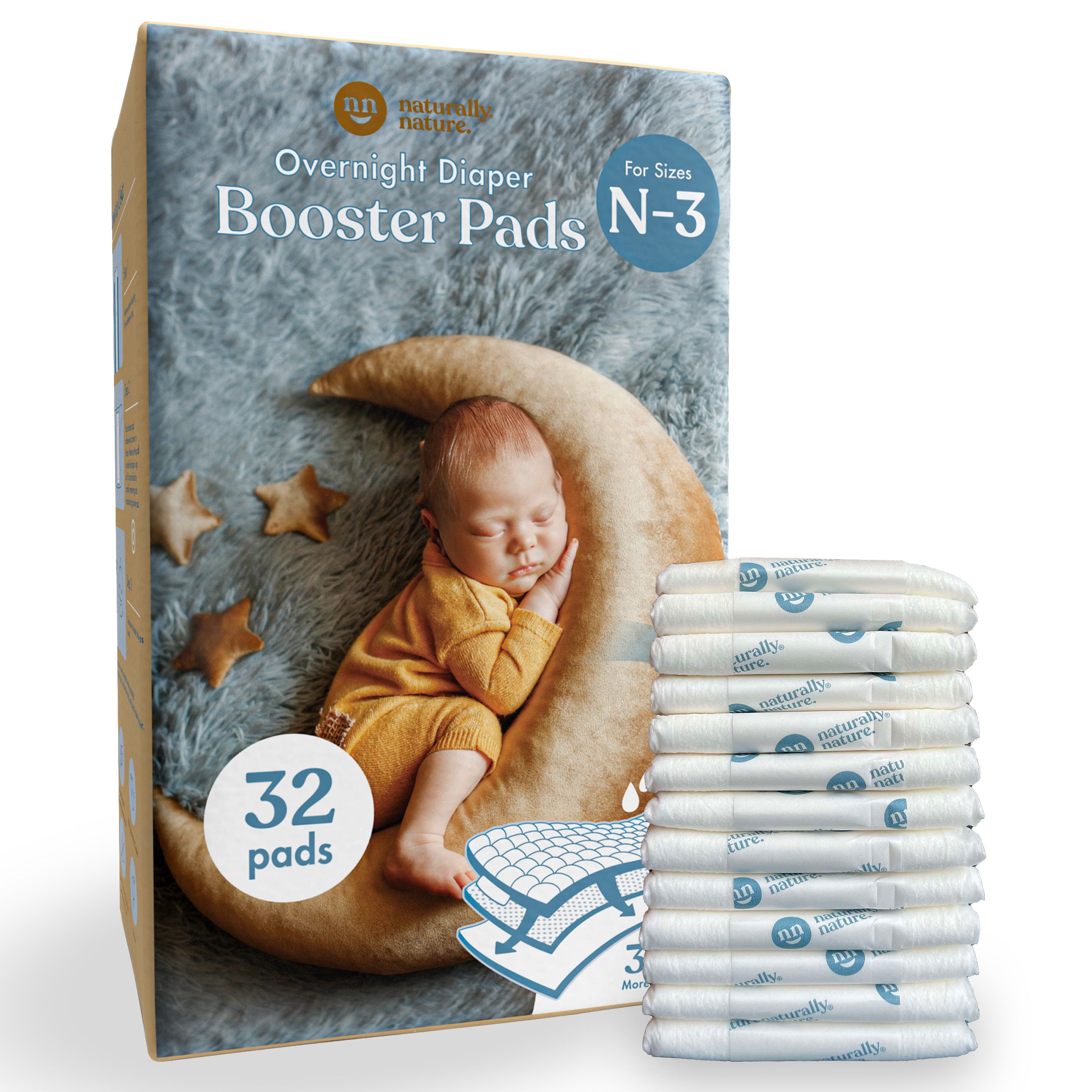 Naturally Nature Boys Newborn Diaper Booster Pads Sizes N-3, Baby Diaper Inserts Overnight, Diaper Liners for Nighttime Diapers, Reduce Night Diaper Changes, Newborn Diaper Doubler