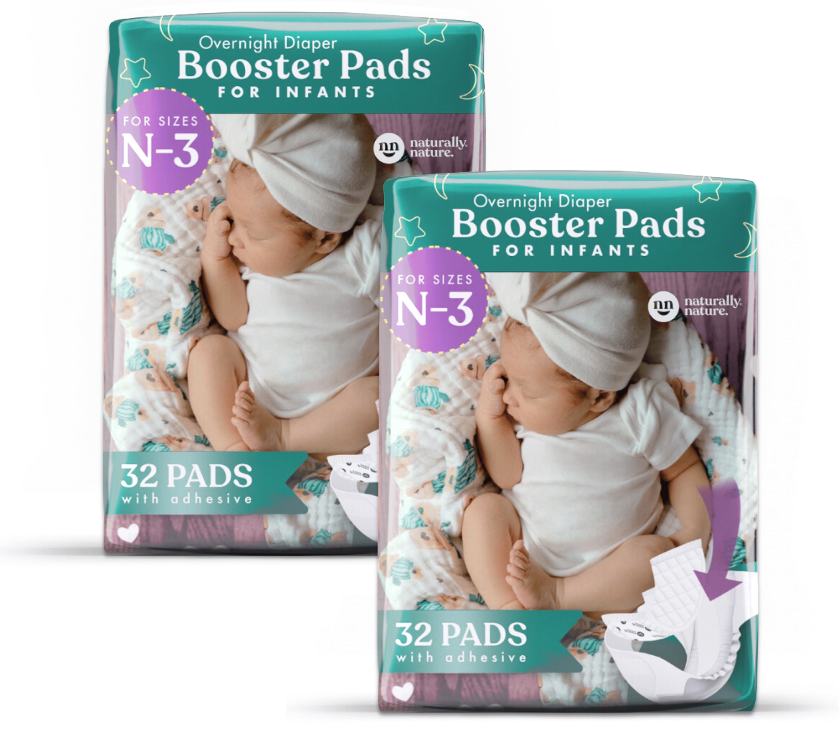 Naturally Nature Infant Girls Diaper Booster Pads Sizes (N-3), Booster Pads with Adhesive, Stop Overnight Diaper Leaks, Reduce Nighttime Diaper Changes