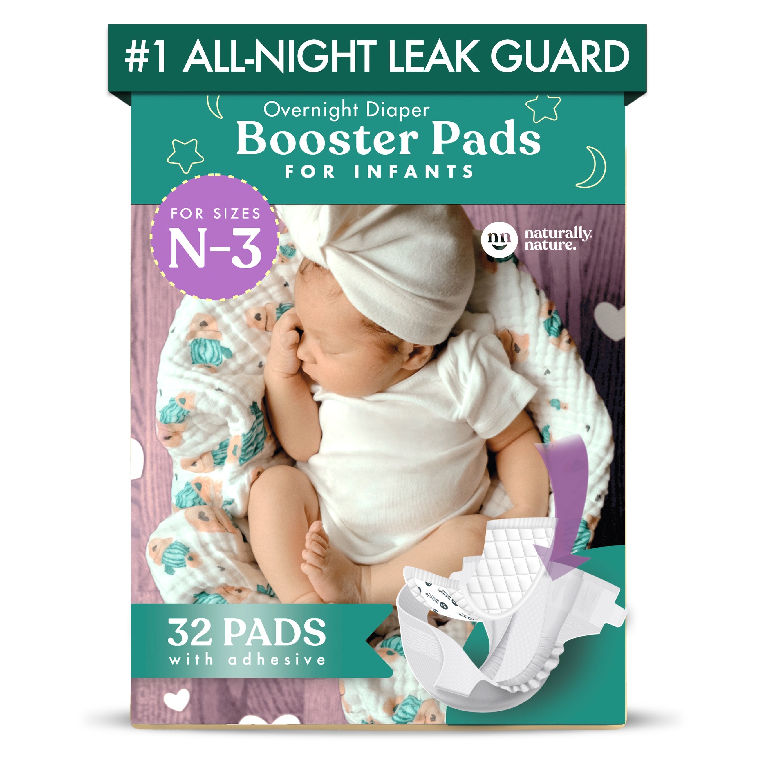 Naturally Nature Infant Girls Diaper Booster Pads Sizes (N-3), Booster Pads with Adhesive, Stop Overnight Diaper Leaks, Reduce Nighttime Diaper Changes