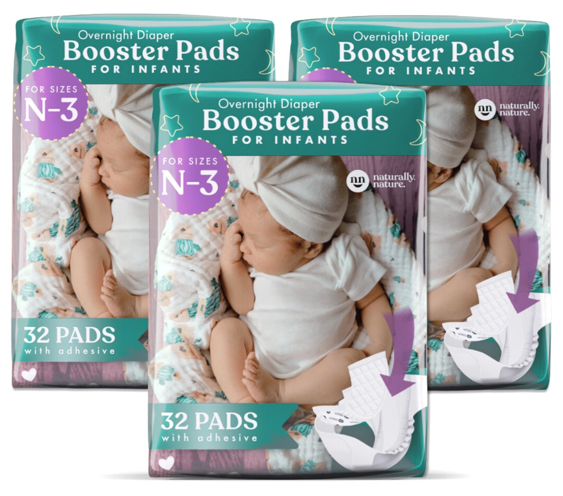 Naturally Nature Infant Girls Diaper Booster Pads Sizes (N-3), Booster Pads with Adhesive, Stop Overnight Diaper Leaks, Reduce Nighttime Diaper Changes