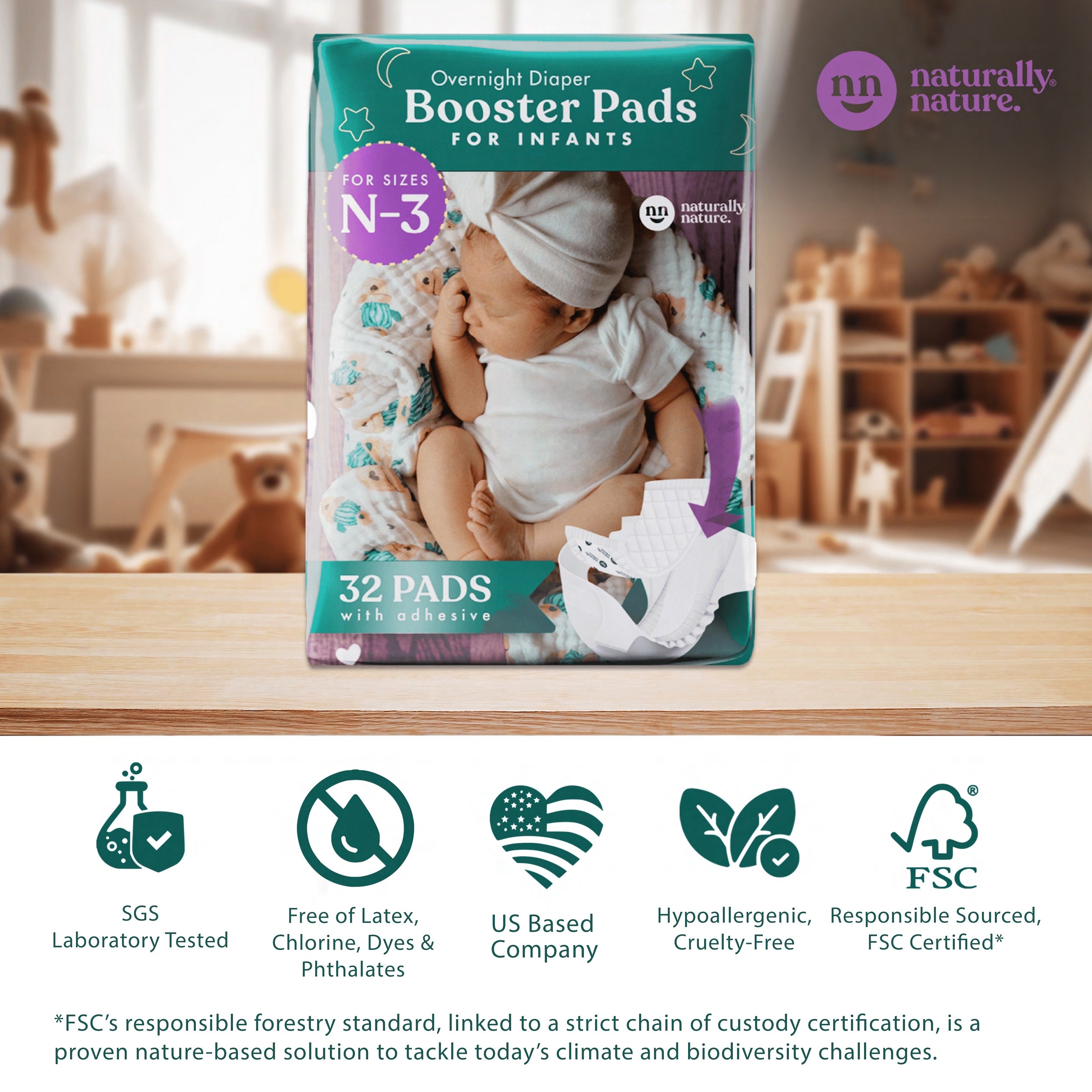 Naturally Nature Infant Girls Diaper Booster Pads Sizes (N-3), Booster Pads with Adhesive, Stop Overnight Diaper Leaks, Reduce Nighttime Diaper Changes