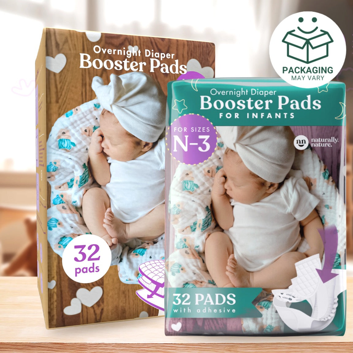 Naturally Nature Infant Girls Diaper Booster Pads Sizes (N-3), Booster Pads with Adhesive, Stop Overnight Diaper Leaks, Reduce Nighttime Diaper Changes