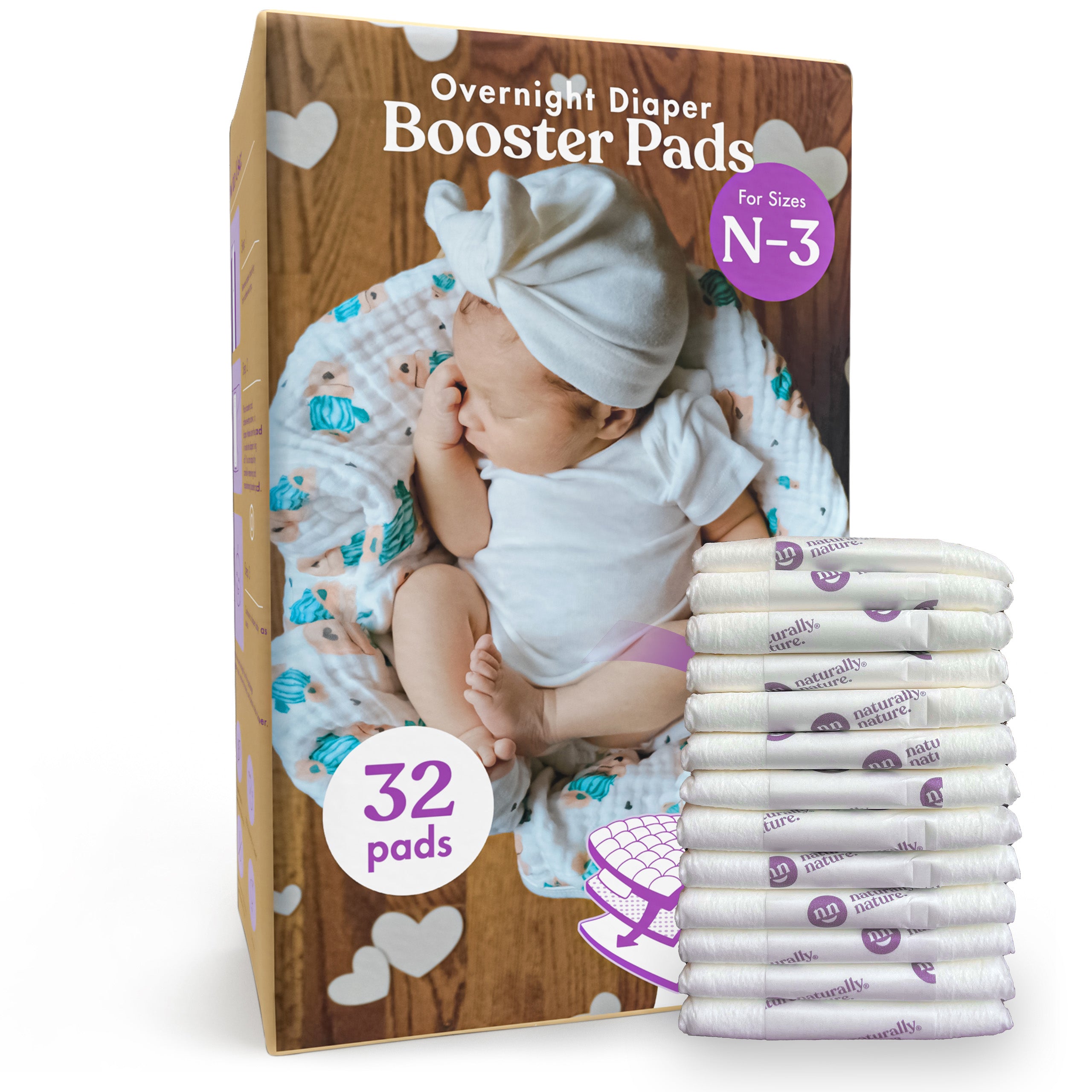 Naturally Nature Infant Girls Diaper Booster Pads Sizes (N-3), Booster Pads with Adhesive, Stop Overnight Diaper Leaks, Reduce Nighttime Diaper Changes