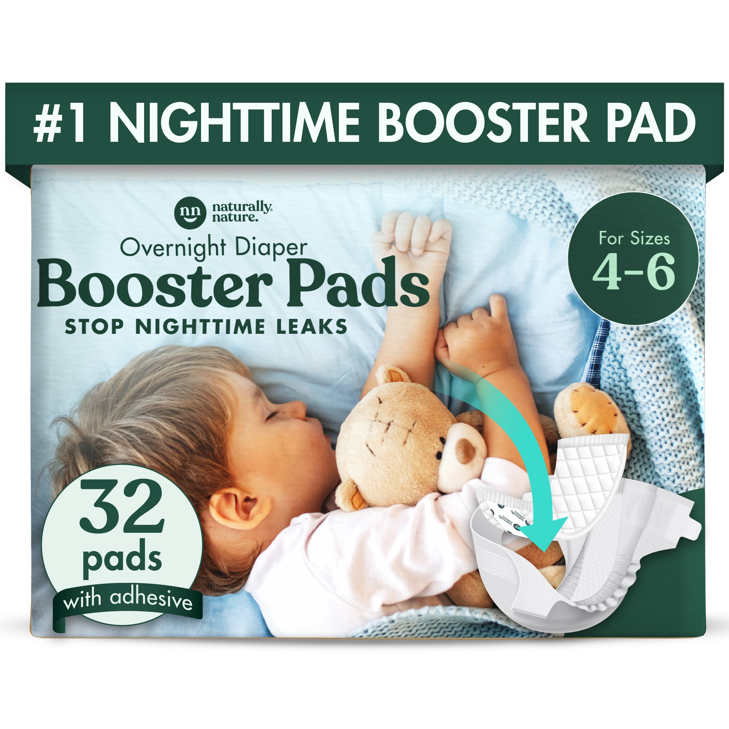 Naturally Nature Overnight Diaper Doubler Booster Pads with Adhesive for Pull-on & Regular Diapers Nighttime Leak Protection for Heavy Wetters and Active Sleepers, for Boys & Girls