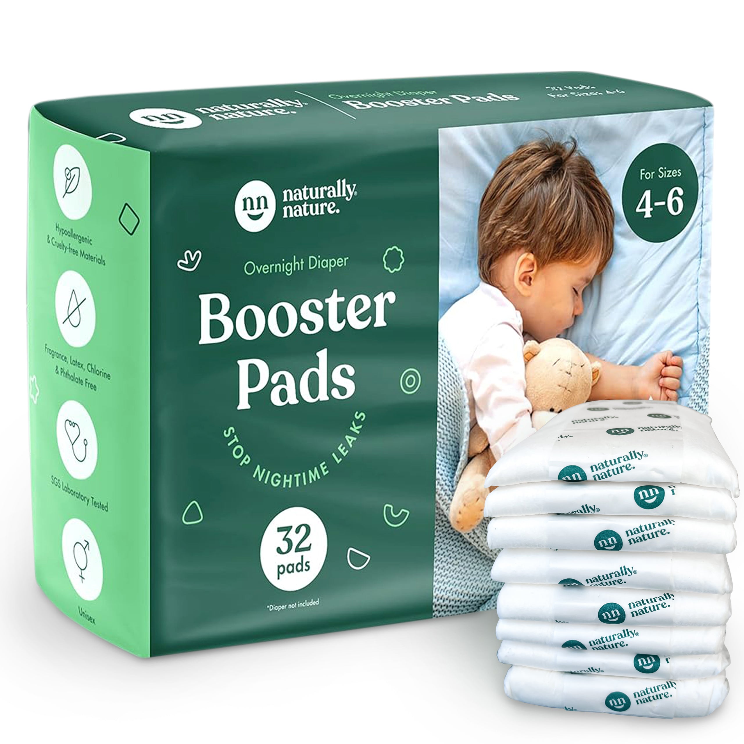 Naturally Nature Overnight Diaper Doubler Booster Pads with Adhesive for Pull-on & Regular Diapers Nighttime Leak Protection for Heavy Wetters and Active Sleepers, for Boys & Girls