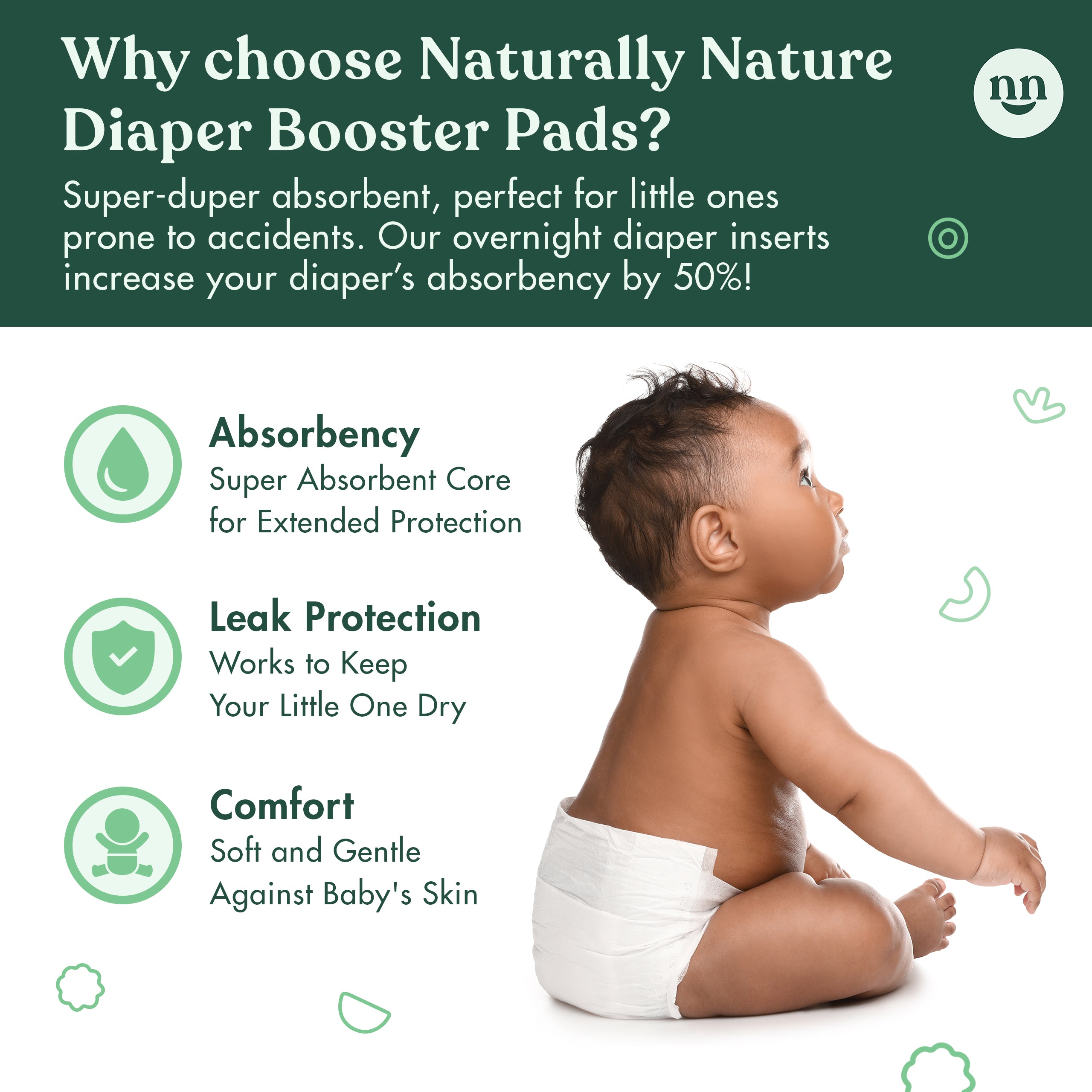 Naturally Nature Overnight Diaper Doubler Booster Pads with Adhesive for Pull-on & Regular Diapers Nighttime Leak Protection for Heavy Wetters and Active Sleepers, for Boys & Girls