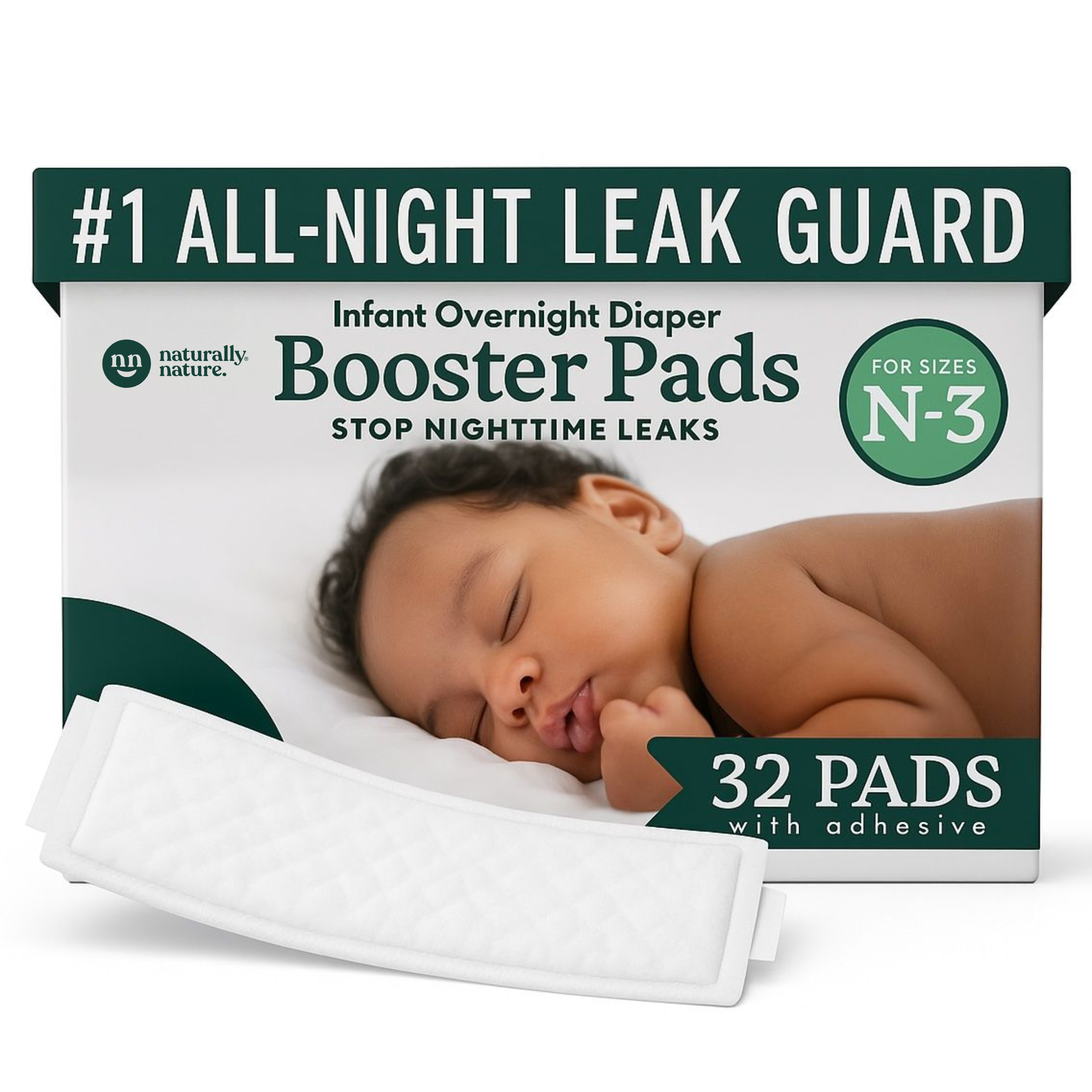 Naturally Nature Overnight Leak-Protection Diaper Booster Pads, for Heavy Wetters, Diaper Liners for Baby Overnight Diapers - Size N-3 Unisex, 32-Pack
