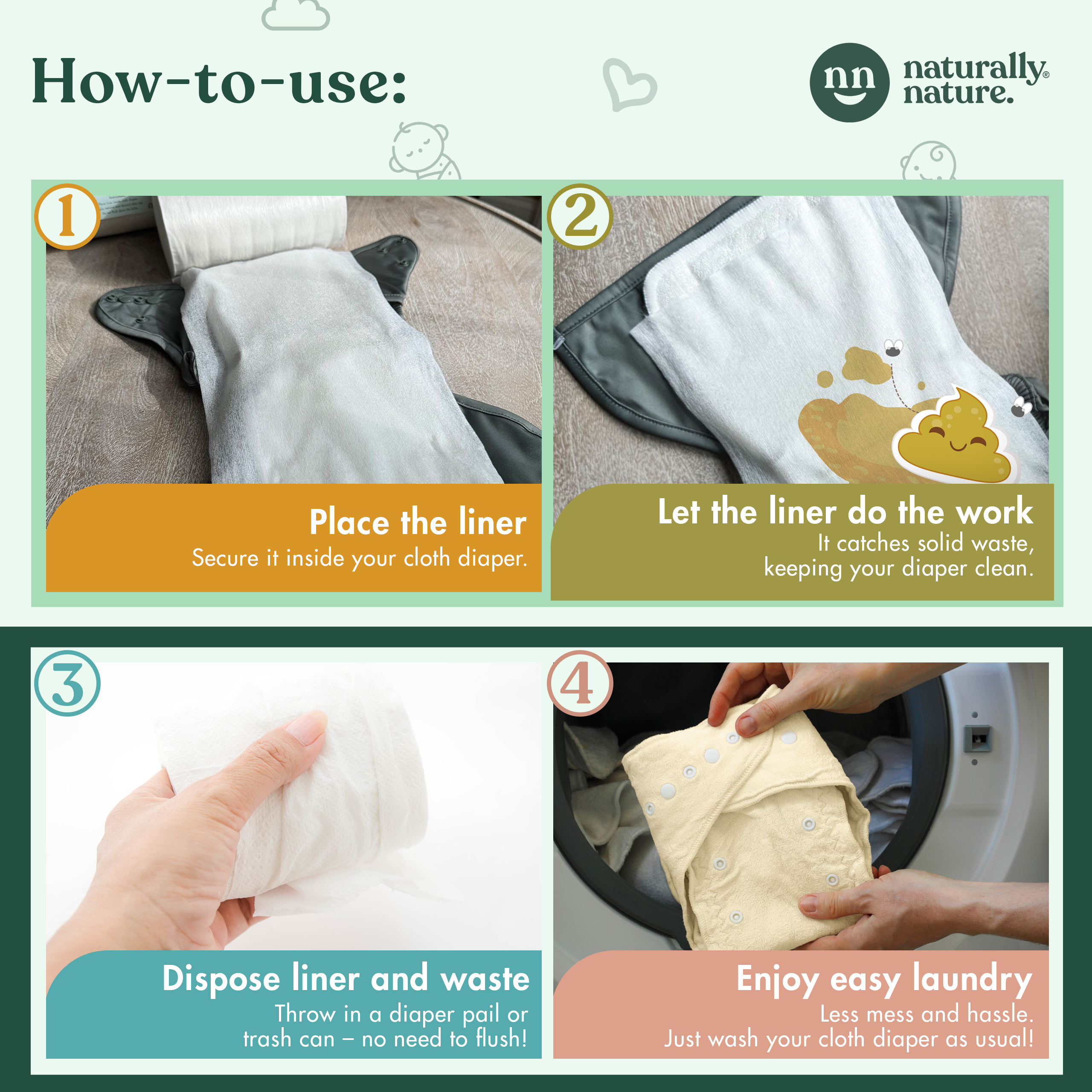 How to use Naturally Nature bamboo diaper liners - place the liner, let it catch solid waste, dispose, and enjoy easy laundry