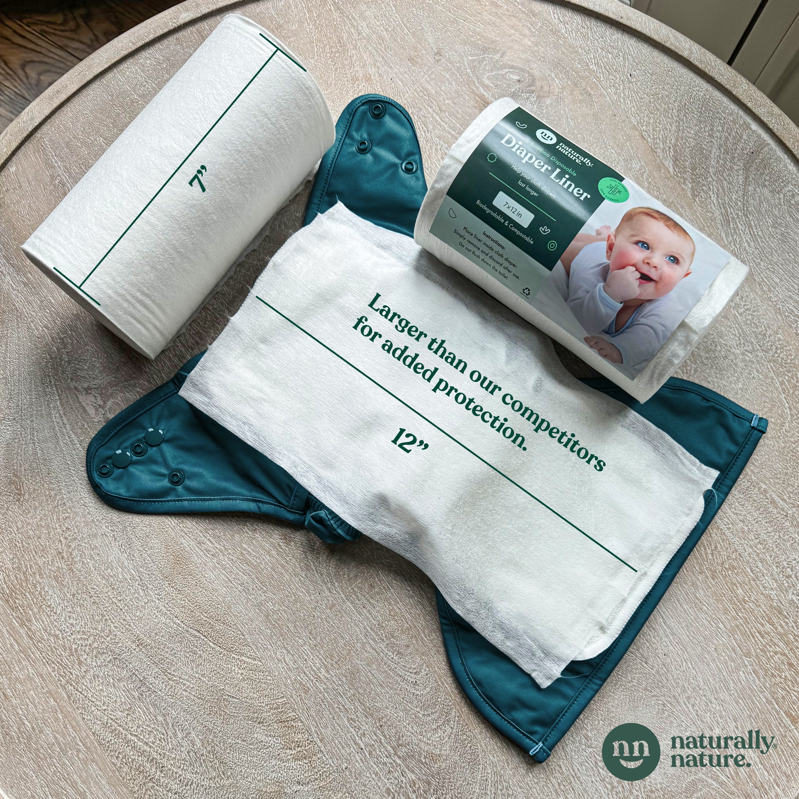 Naturally Nature bamboo diaper liners are 7 by 12 inches - larger than competitors for added protection