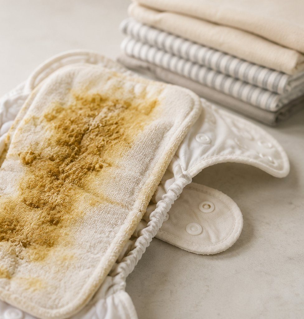 A soiled cloth diaper waiting to be scraped and rinsed, showing the messy cleanup parents deal with